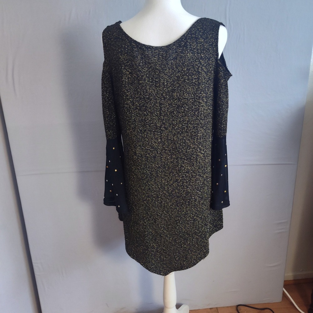 Lavanya Womens Black Gold Metallic Cold Shoulder Studded Bell‎ Sleeve Top Large
